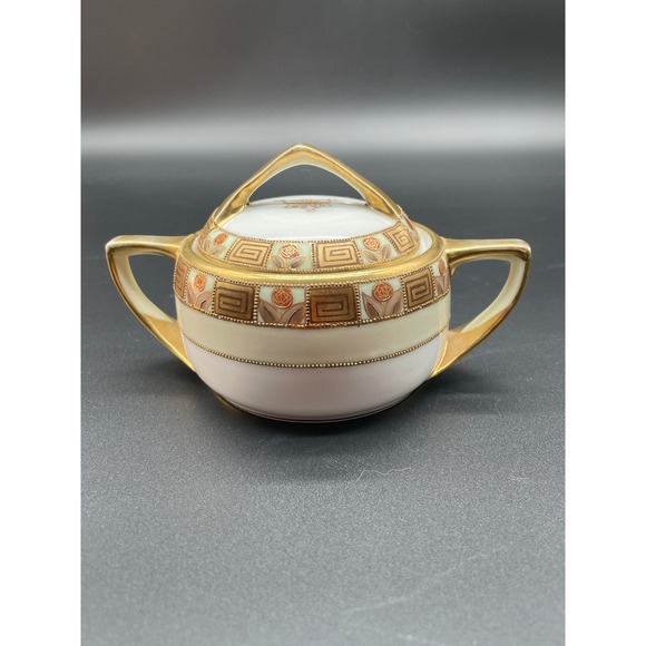 Vintage Nippon Hand Painted Sugar Bowl and Creamer Set Gold Trim Rose Design - Picture 11 of 15